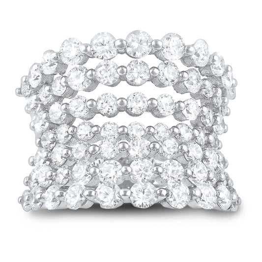 Sterling Silver 7 Row Concave Simulated Diamond Statement Ring (Size 4 - 11)