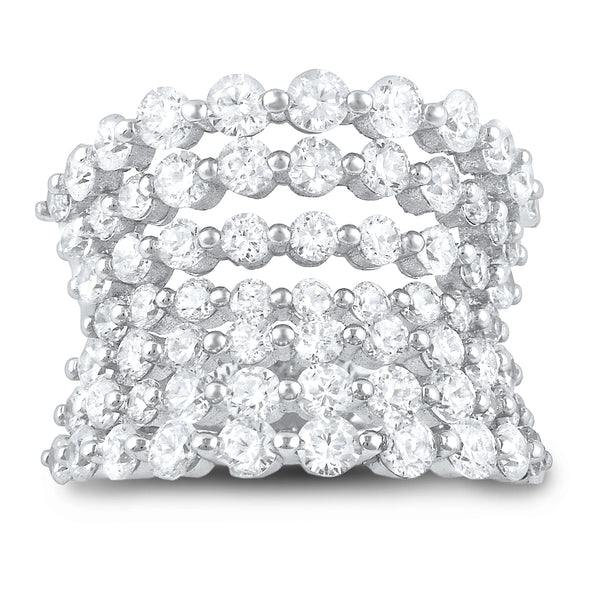 Sterling Silver 7 Row Concave Simulated Diamond Statement Ring (Size 4 - 11)