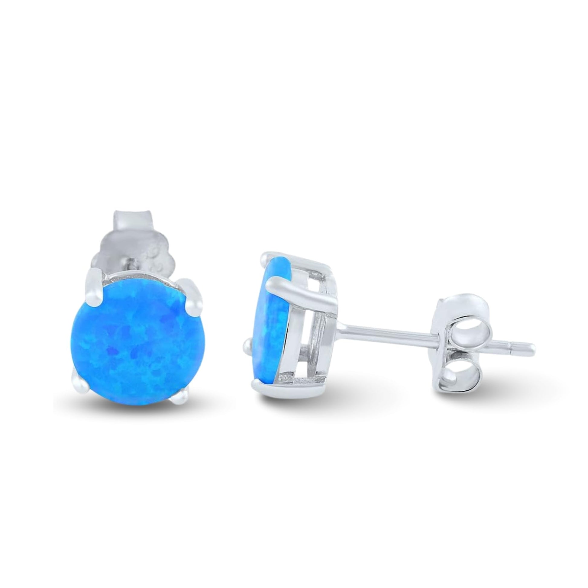 Rhodium-plated sterling silver created blue opal round stud earrings 12mm on white background