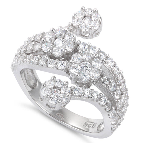 Sterling Silver Daisy Double Flower Cz Ring (Size 4-11)