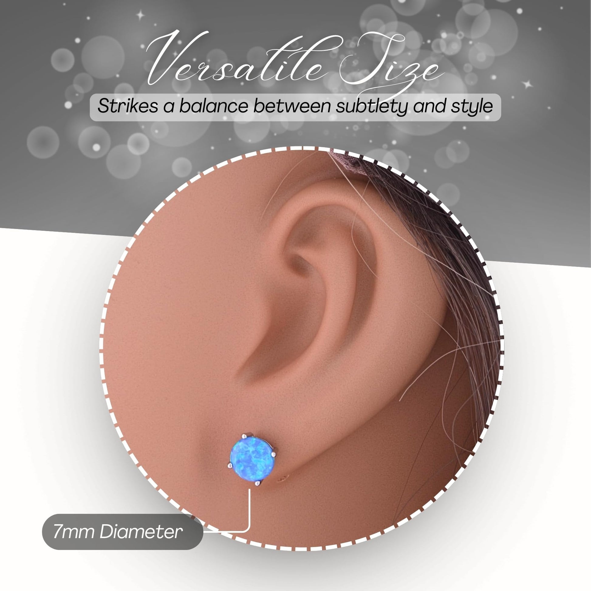 Blue opal stud earrings on model