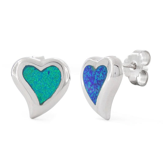 Sterling Silver Blue Created Opal Heart Stud Earrings - 12mm