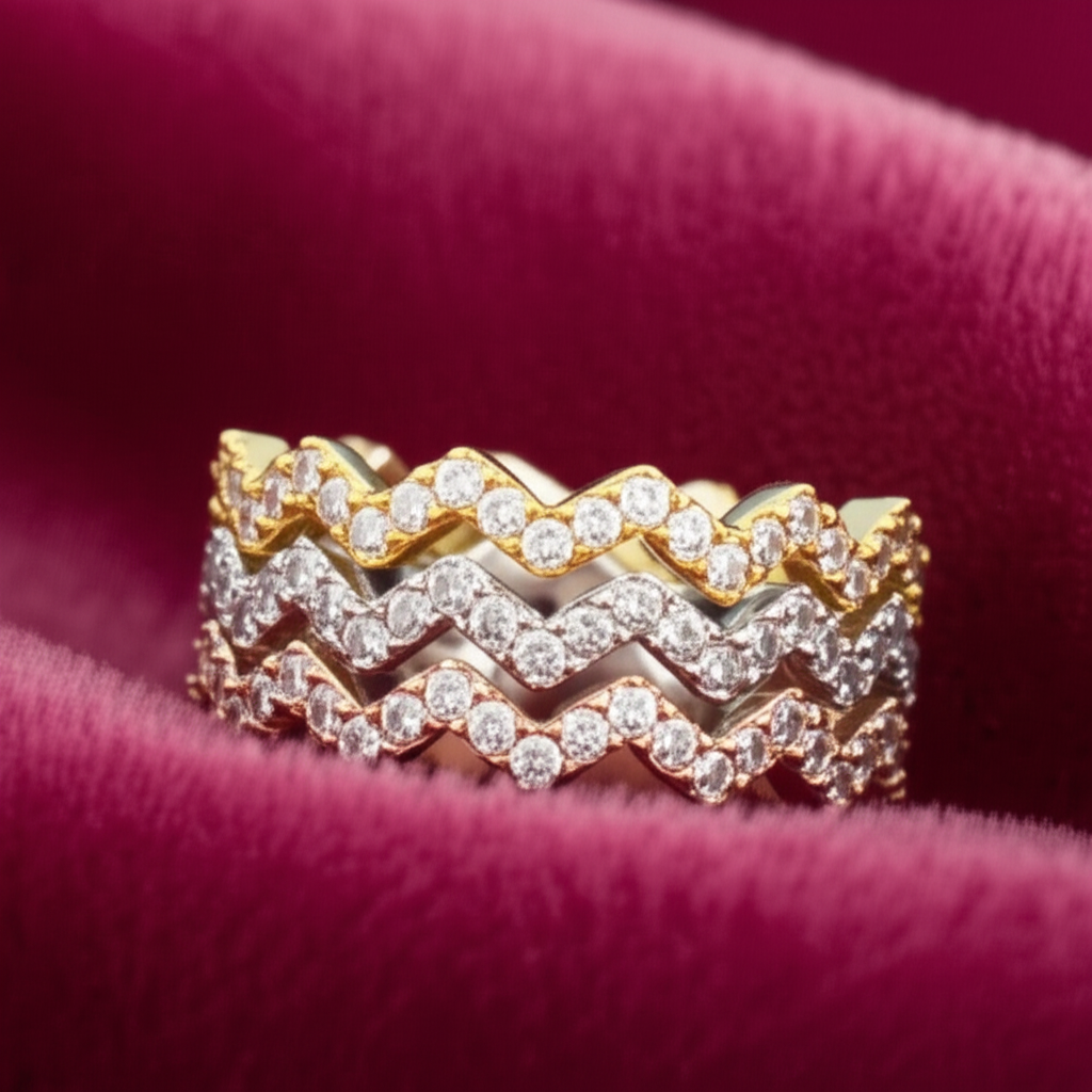3-Piece Tri-Color Sterling Silver Zig Zag Eternity Ring Set for Women – Rose, Yellow & White Gold Plated
