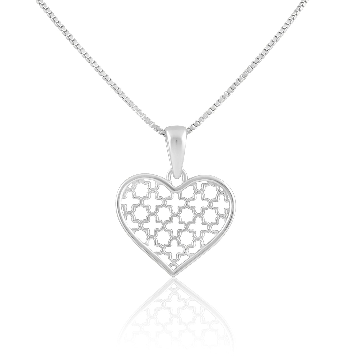 SilverCloseOut Sterling Silver Clover Pattern Heart Necklace for Women Girls Silver Love Heart
