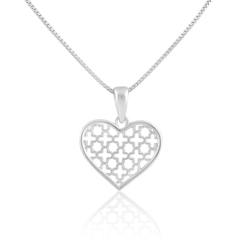 SilverCloseOut Sterling Silver Clover Pattern Heart Necklace for Women Girls Silver Love Heart