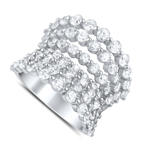 Sterling Silver 7 Row Concave Simulated Diamond Statement Ring (Size 4 - 11)