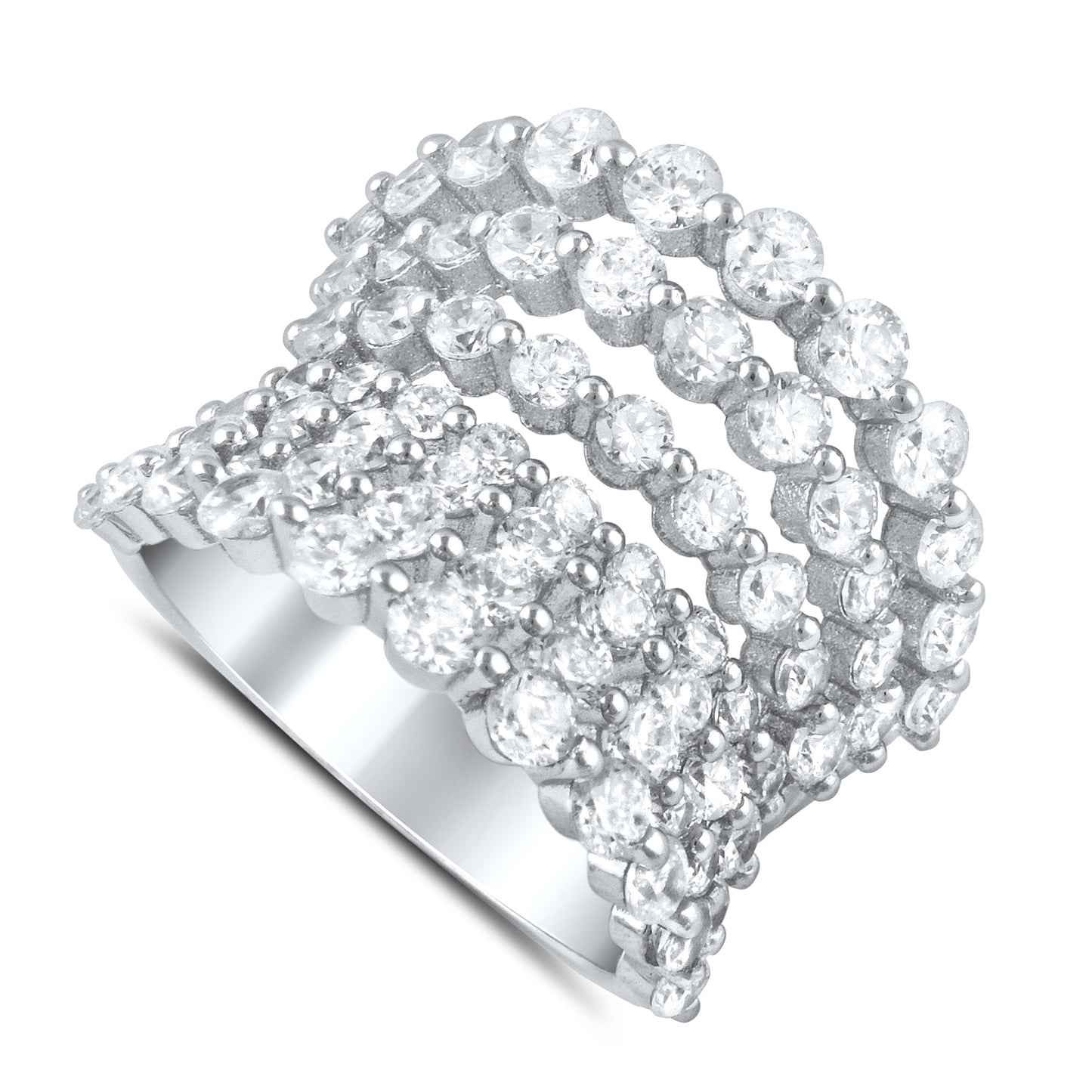 Sterling Silver 7 Row Concave Simulated Diamond Statement Ring (Size 4 - 11)
