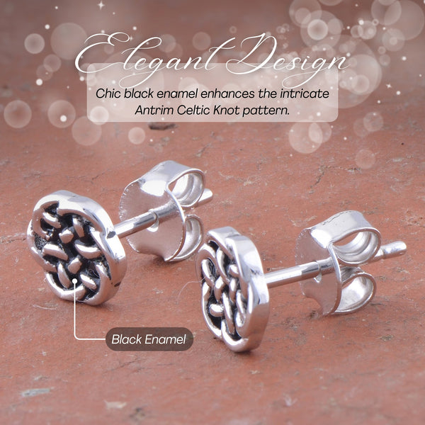 Rhodium Plated Sterling Silver Womens Small Antrim Knot Celtic Stud Earrings