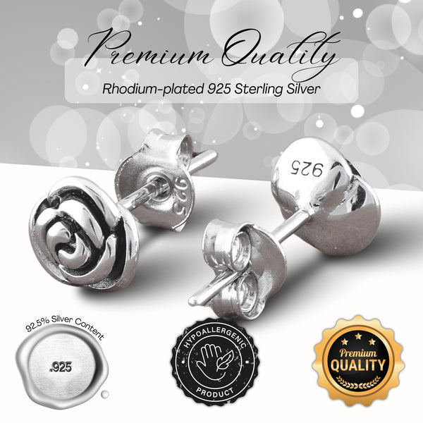 White Gold Over Sterling Silver Womens Dainty Black Enamel Rose Flower Stud Earrings - 7mm