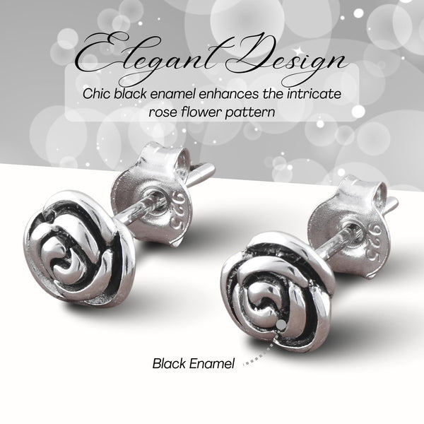White Gold Over Sterling Silver Womens Dainty Black Enamel Rose Flower Stud Earrings - 7mm