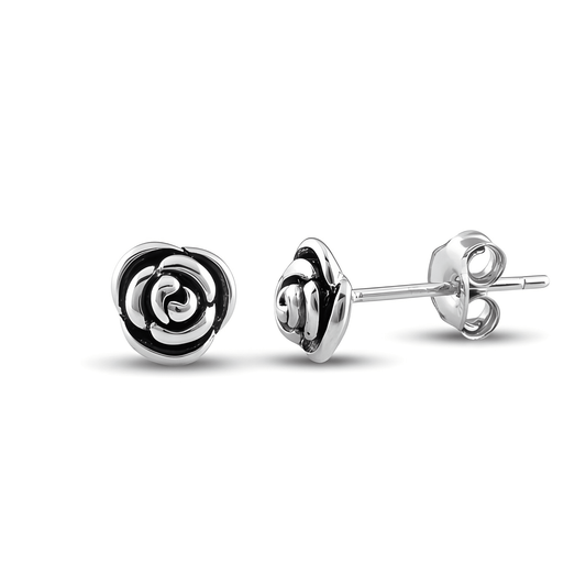 White Gold Over Sterling Silver Womens Dainty Black Enamel Rose Flower Stud Earrings - 7mm