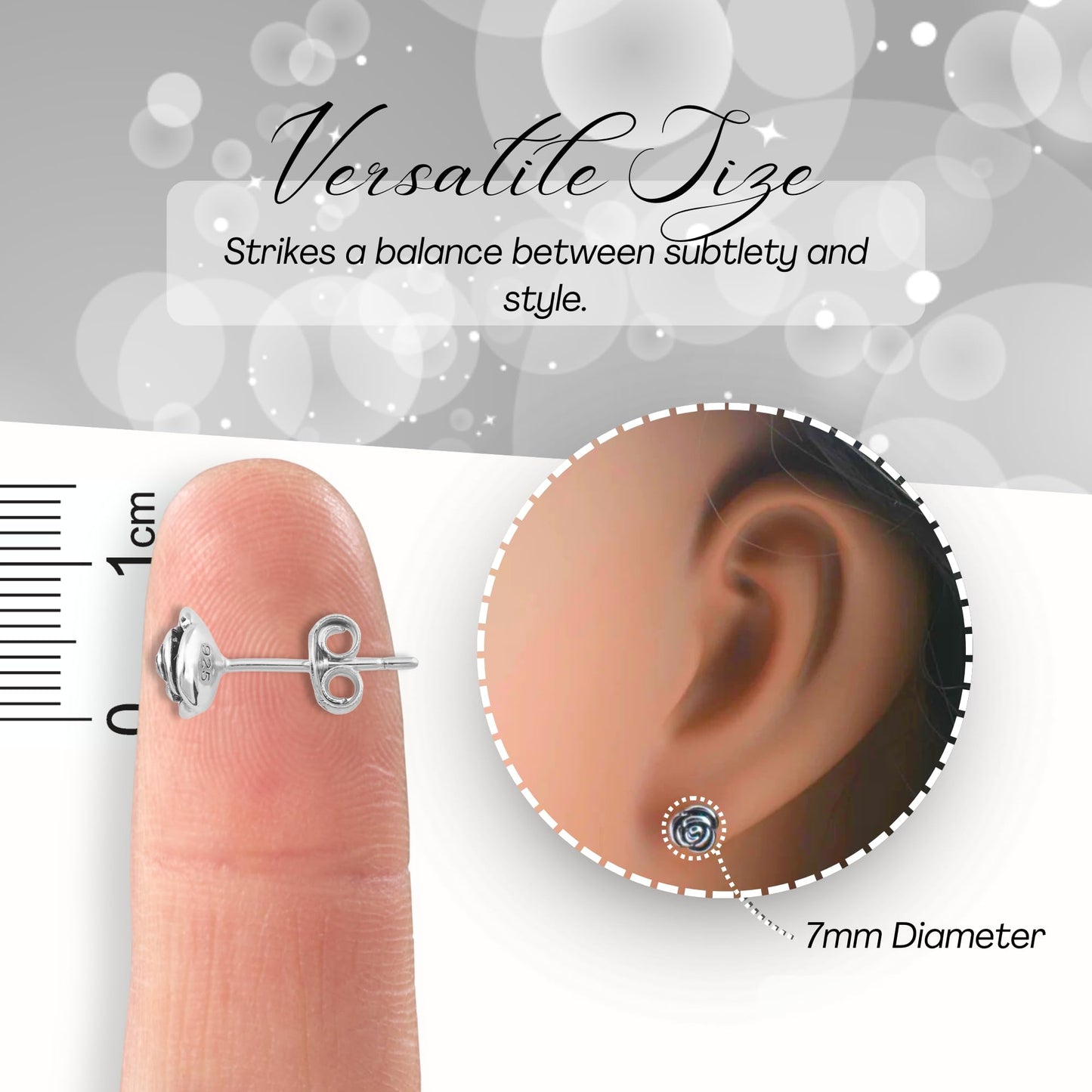 White Gold Over Sterling Silver Womens Dainty Black Enamel Rose Flower Stud Earrings - 7mm