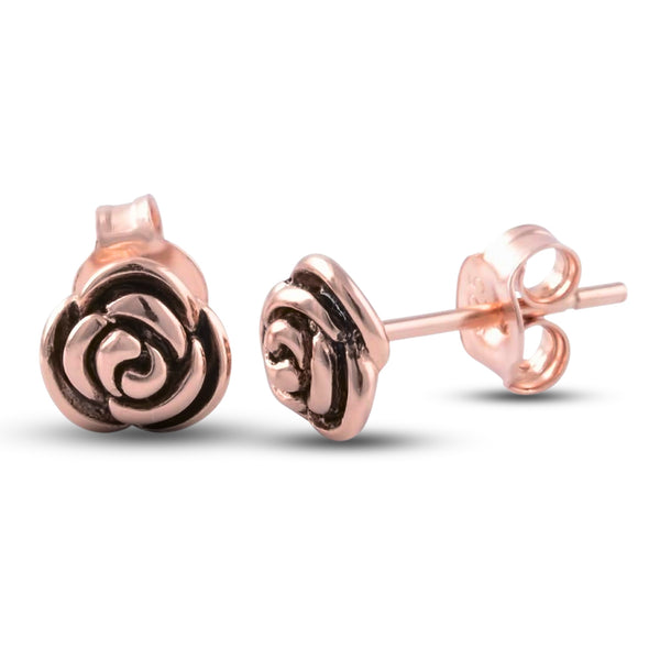White Gold Over Sterling Silver Womens Dainty Black Enamel Rose Flower Stud Earrings - 7mm
