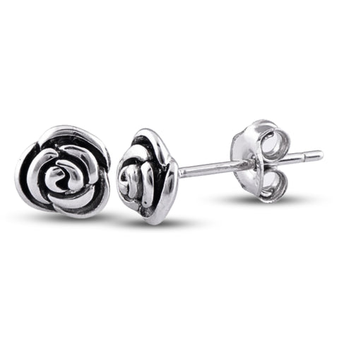 White Gold Over Sterling Silver Womens Dainty Black Enamel Rose Flower Stud Earrings - 7mm