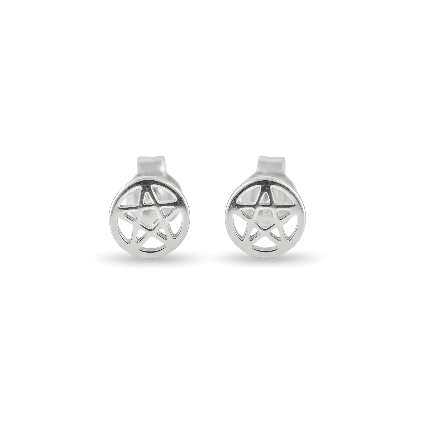 Rhodium Plated Sterling Silver Unisex Dainty Pentacle Pentagram Star Stud Earrings- 5mm