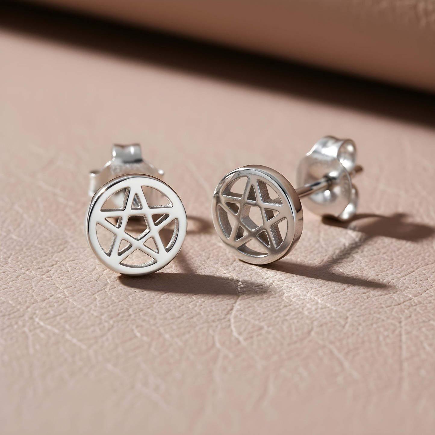 Rhodium Plated Sterling Silver Unisex Dainty Pentacle Pentagram Star Stud Earrings- 5mm