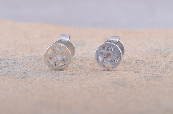 Rhodium Plated Sterling Silver Unisex Dainty Pentacle Pentagram Star Stud Earrings- 5mm
