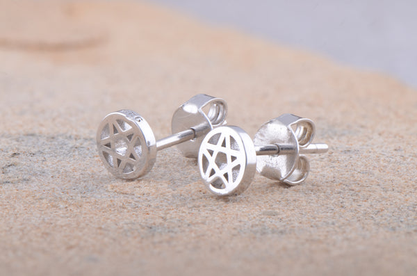 Rhodium Plated Sterling Silver Unisex Dainty Pentacle Pentagram Star Stud Earrings- 5mm