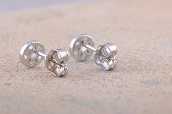 Rhodium Plated Sterling Silver Unisex Dainty Pentacle Pentagram Star Stud Earrings- 5mm