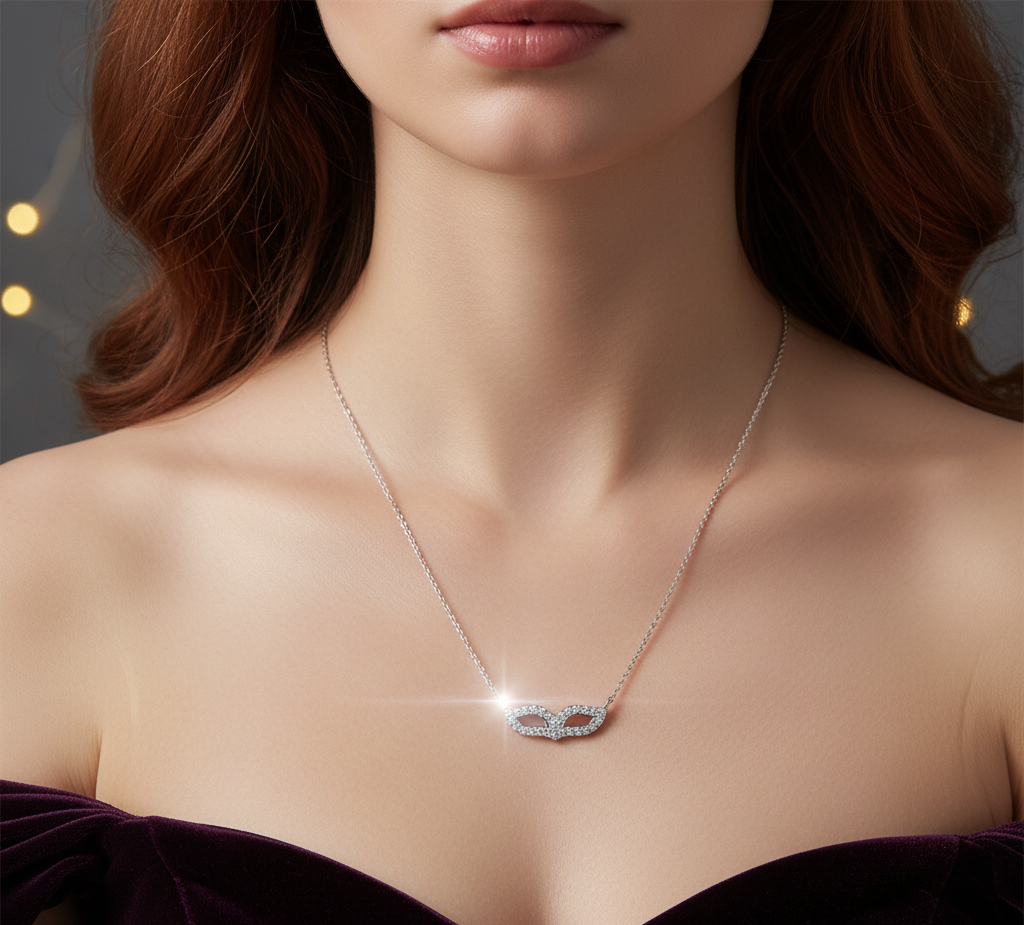 Sparkling Cubic Zirconia Mask Pendant Necklace for Women | Rhodium Plated Sterling Silver