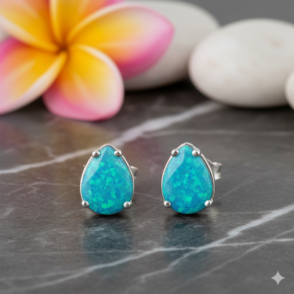Teal opal stud earrings on a dark surface with a colorful flower in the background