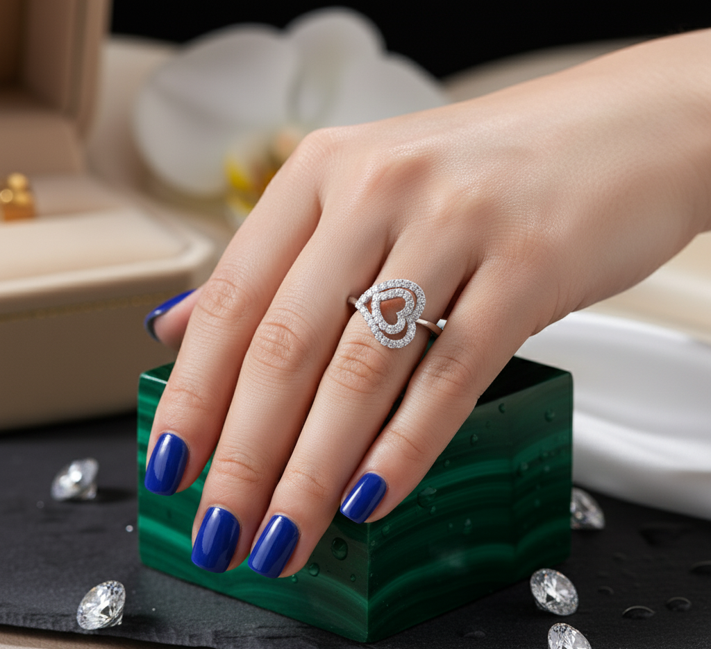 White Gold Over Sterling Silver Womens Dainty Moissanite Sideways Heart Ring