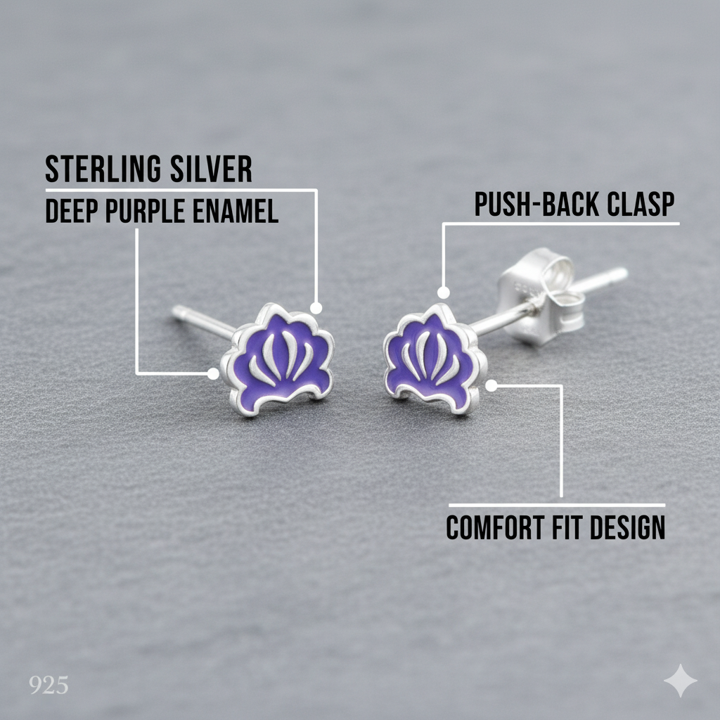 Sterling Silver GIrls Hindu Purple Lotus Flower Stud Earrings