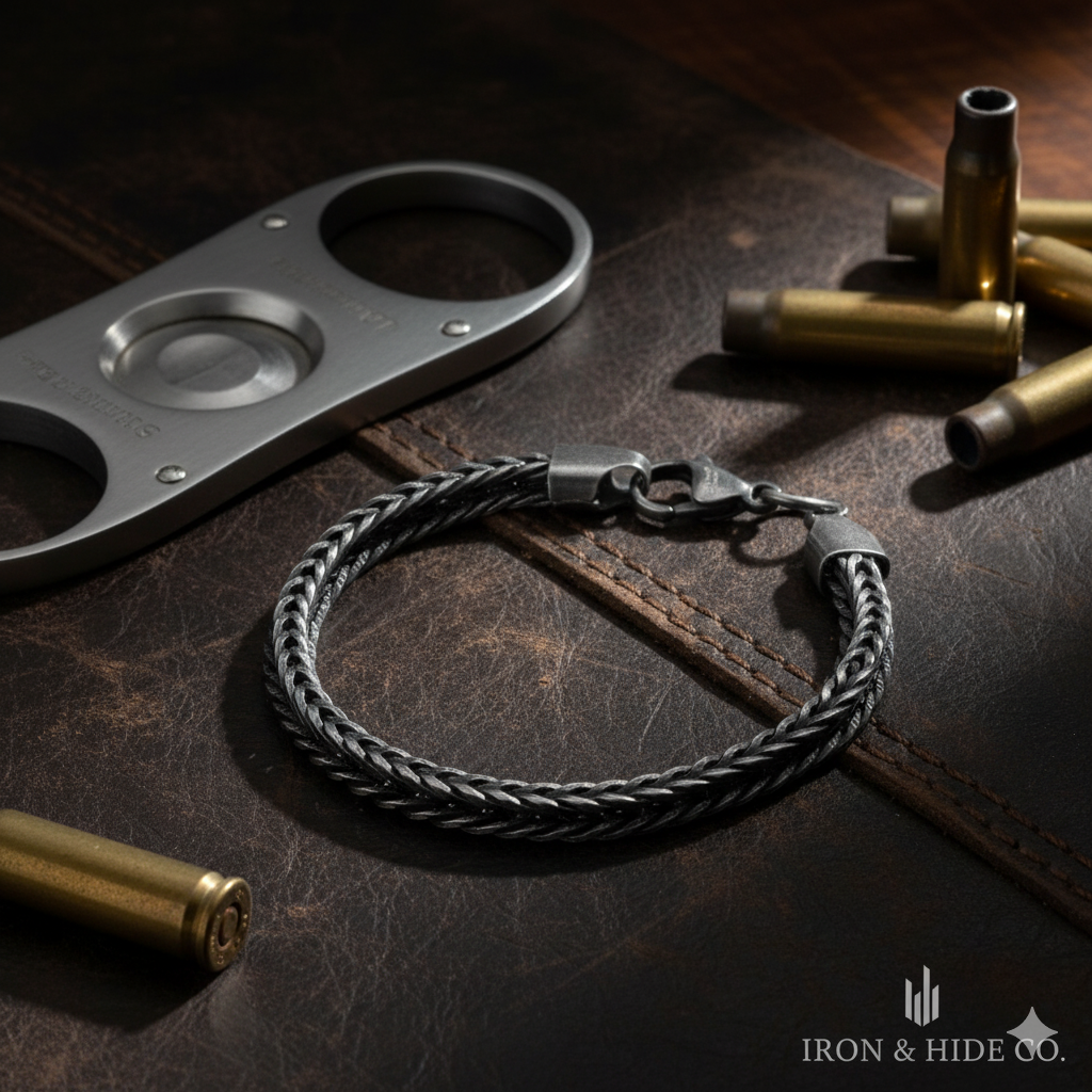 Handmade Black Steel Woven Flat Spiga Bracelet - 7.5 Inch Length