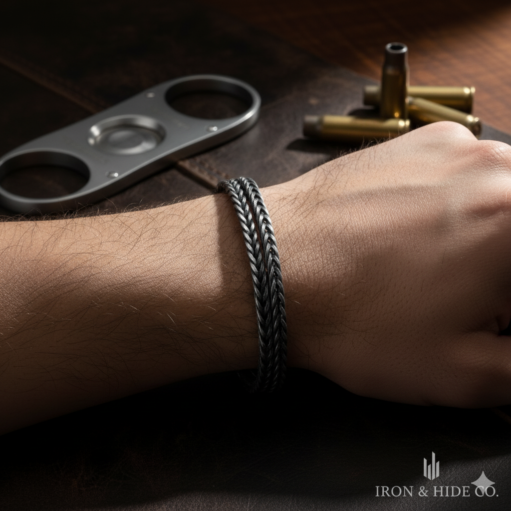 Handmade Black Steel Woven Flat Spiga Bracelet - 7.5 Inch Length