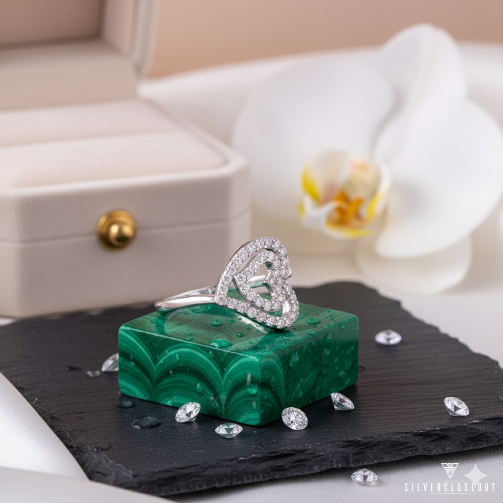 White Gold Over Sterling Silver Womens Dainty Moissanite Sideways Heart Ring