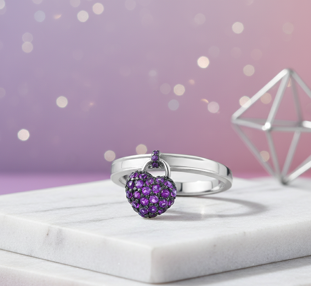 Dainty Heart Stacking Ring in Sterling Silver | Red CZ Dangle Charm | Gift for Her