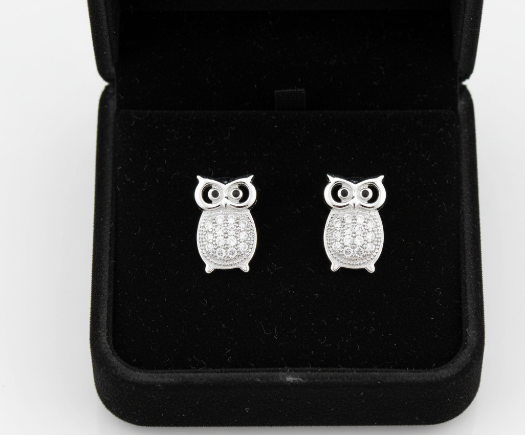White Gold Over Sterling Silver Cz Owl Stud Earrings for Women
