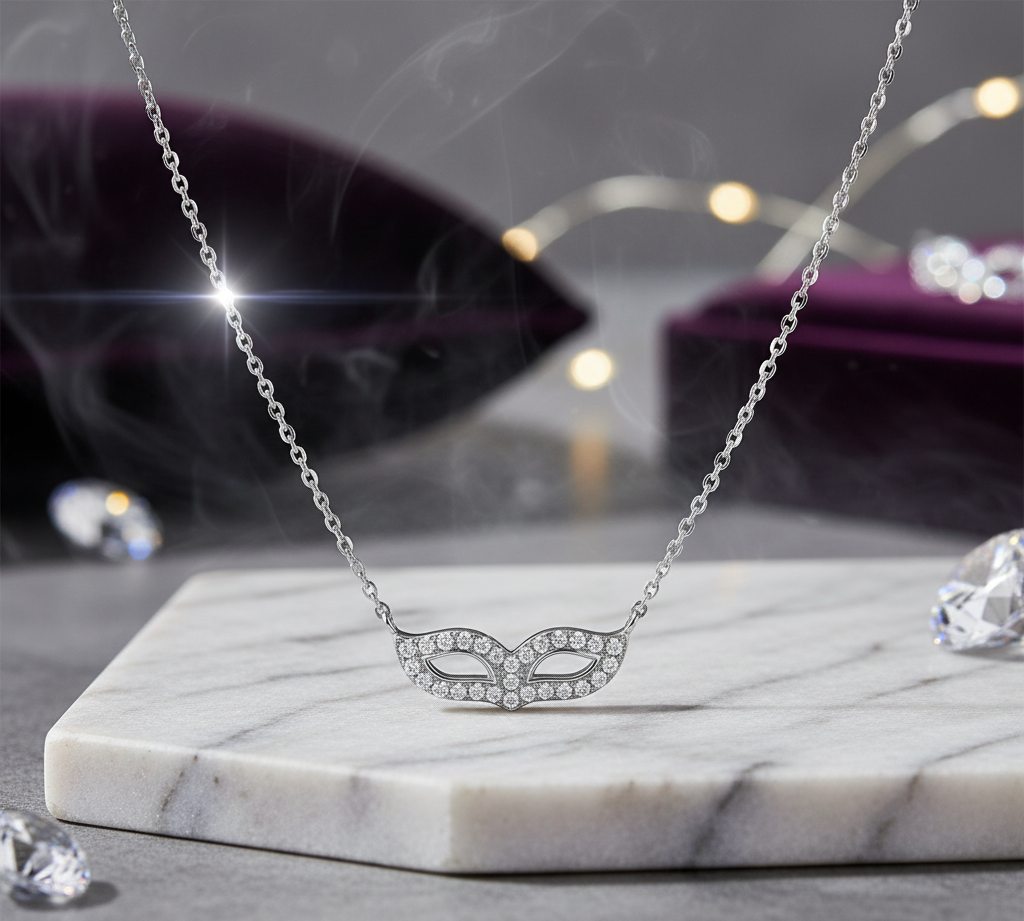 Sparkling Cubic Zirconia Mask Pendant Necklace for Women | Rhodium Plated Sterling Silver