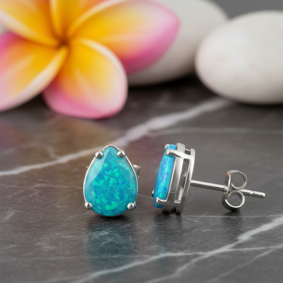 Blue Opal Pear Stud Earrings | White Gold Plated .925 Sterling Silver