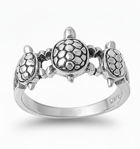 White Gold Dipped Sterling Silver Three Turtles Ring for Women – .925 Sterling Silver, 10MM Width, Gift Box Included (Sizes 4–10)