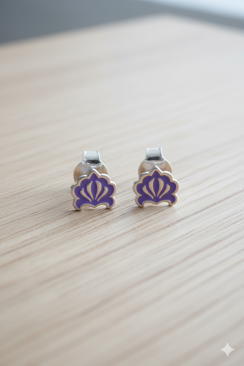 Sterling Silver GIrls Hindu Purple Lotus Flower Stud Earrings