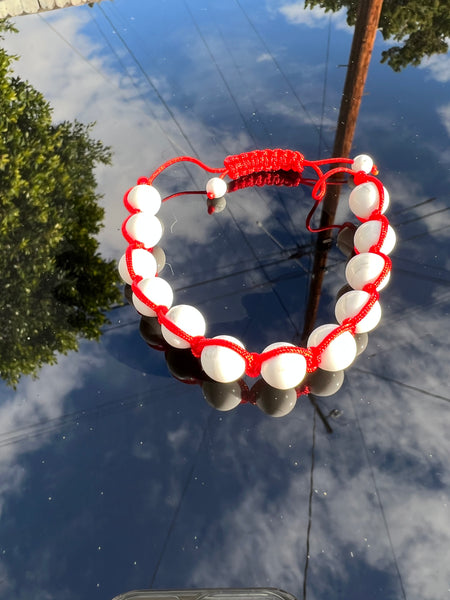 White Streak Howlite Tibetan Shamballa Bead Bracelet with Red String - Adjustable 7-8 Inches