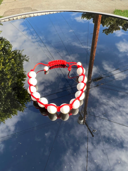 White Streak Howlite Tibetan Shamballa Bead Bracelet with Red String - Adjustable 7-8 Inches