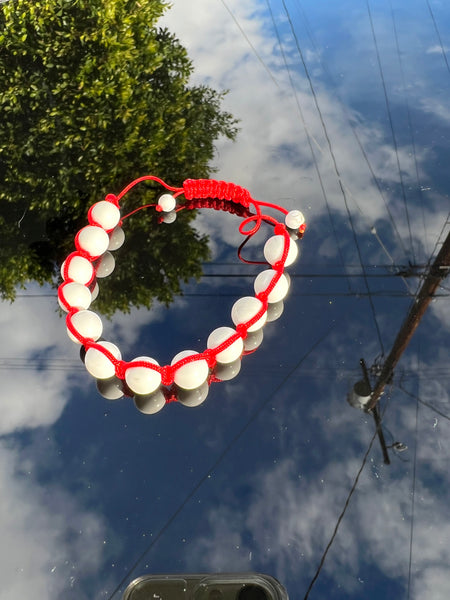 White Streak Howlite Tibetan Shamballa Bead Bracelet with Red String - Adjustable 7-8 Inches