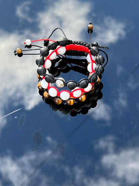 White Streak Howlite Tibetan Shamballa Bead Bracelet with Red String - Adjustable 7-8 Inches