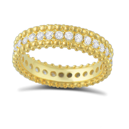 14K Yellow Gold Plated Sterling Silver Beaded Eternity Ring with Simulated Diamond – 5.5mm Wide, Gift Box Included (Size 4–10)