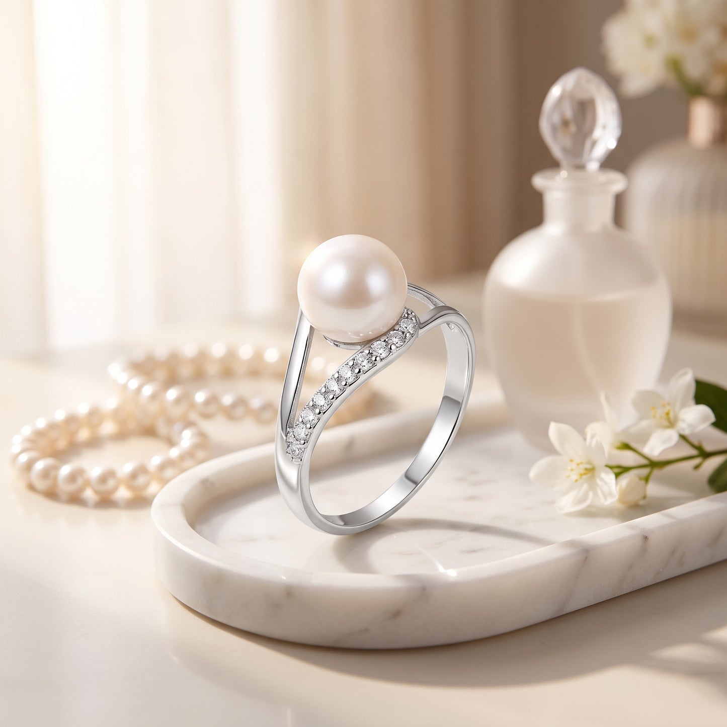 Sterling Silver Freshwater Pearl & Cubic Zirconia Ring for Women lifestyle 3