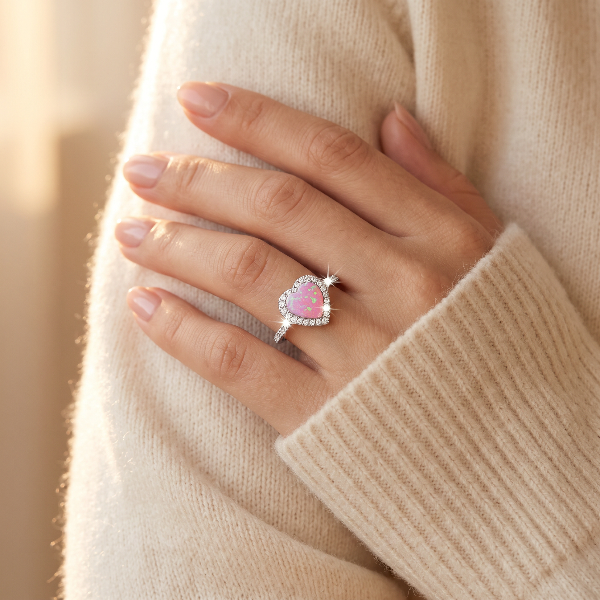 Pink opal heart promise ring in sterling silver with CZ halo worn on a woman's hand
