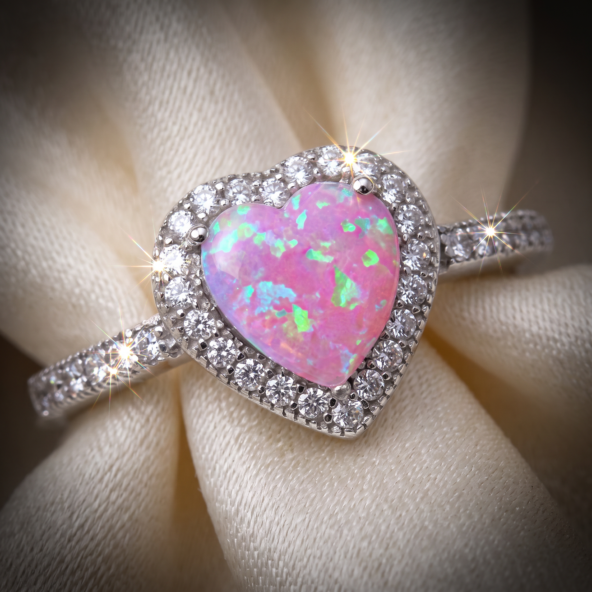 Macro close-up of created pink opal heart ring showing play of color and micro pave CZ halo