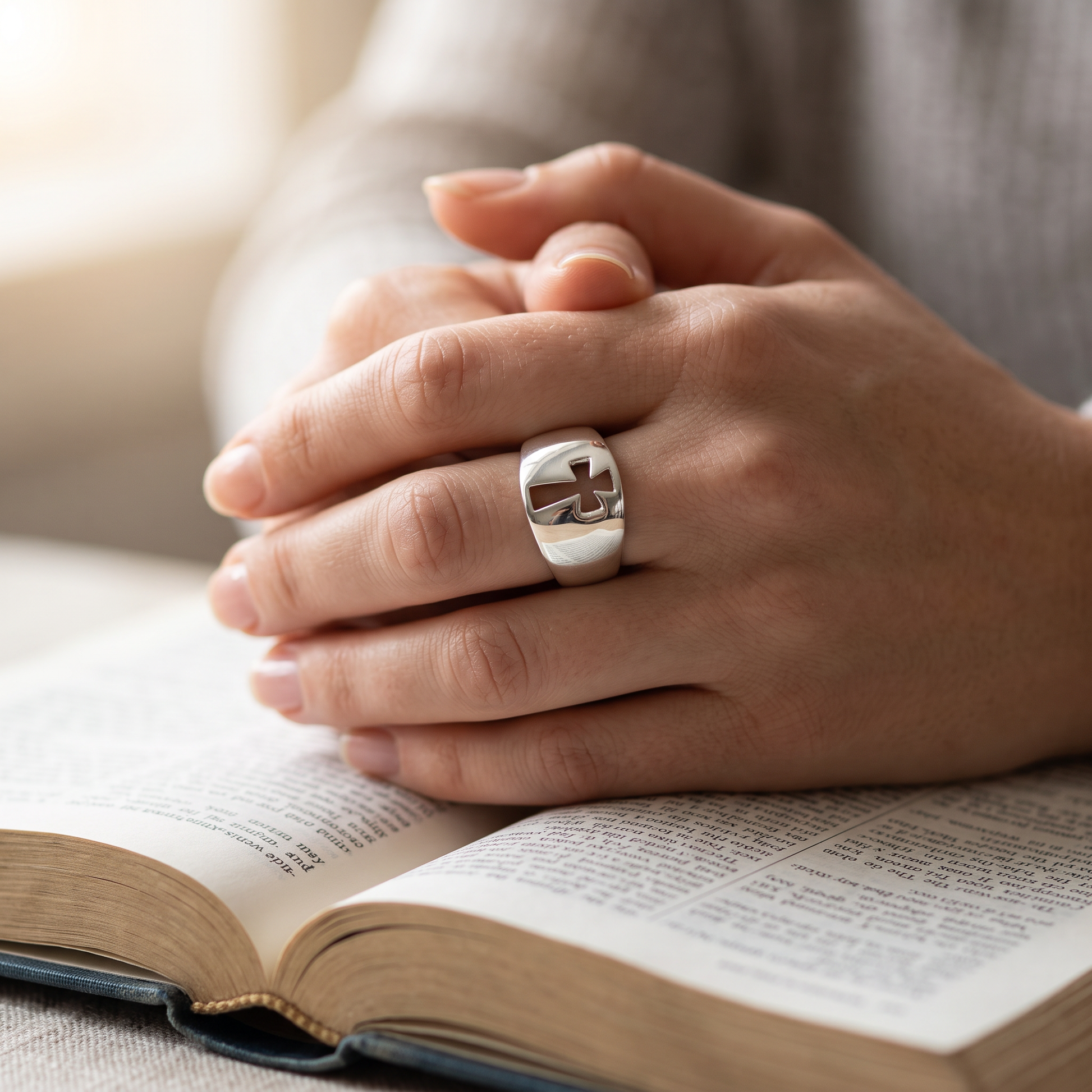 Sterling silver cross cut out ring worn on hands clasped in prayer over an open bible