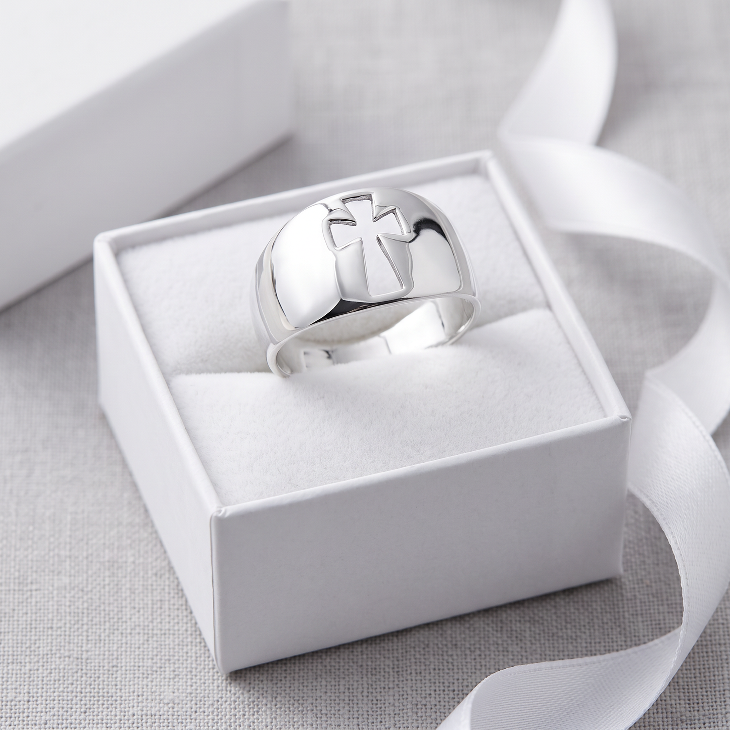 Wide sterling silver cross cut out ring in a white gift box, confirmation and baptism gift
