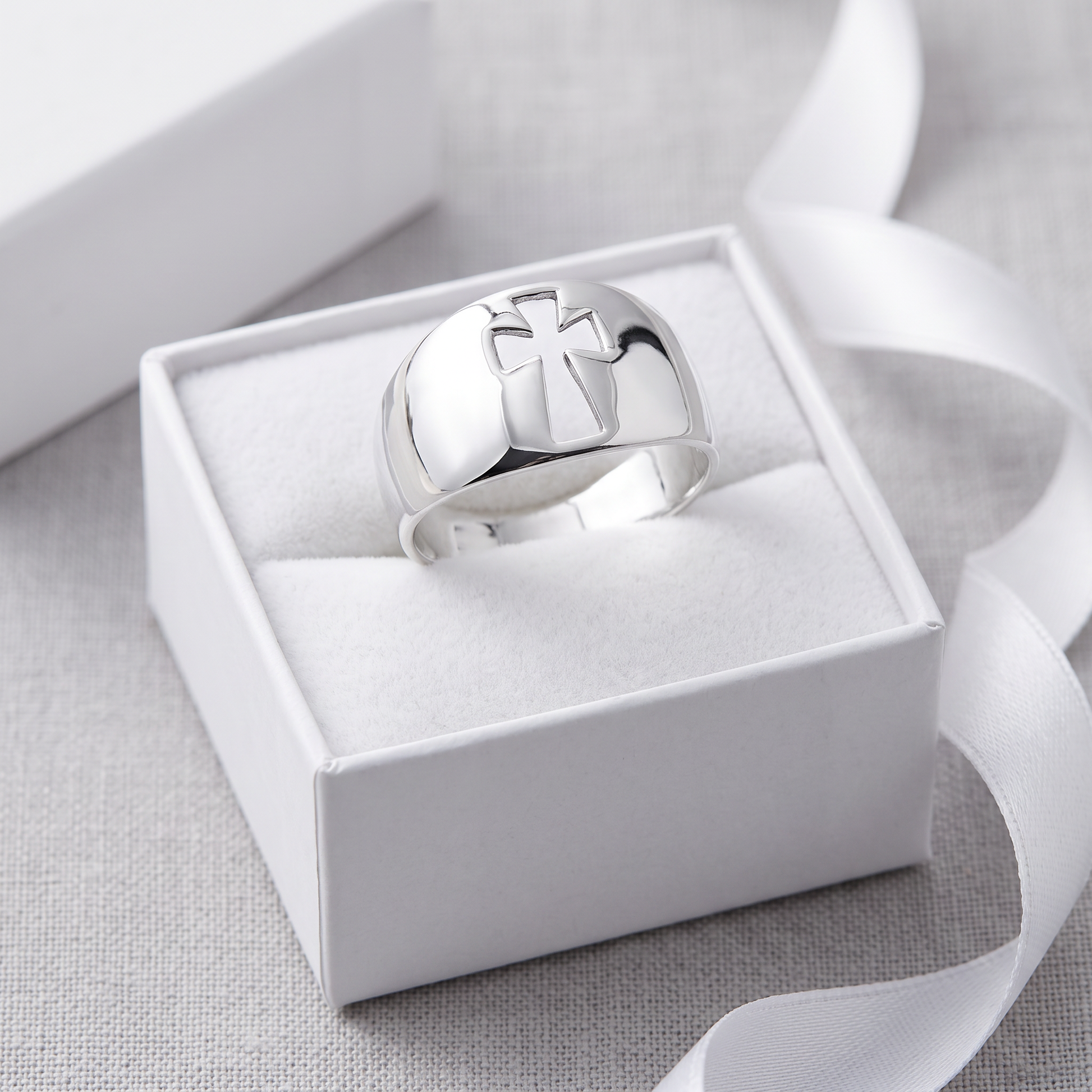 Wide sterling silver cross cut out ring in a white gift box, confirmation and baptism gift
