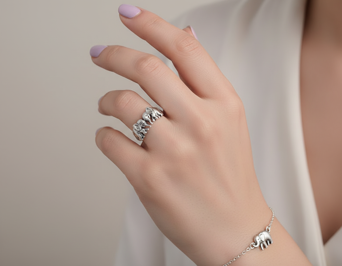 Sterling Silver Lucky Elephants Ring – 7mm Rhodium Plated .925 Band for Women & Teens