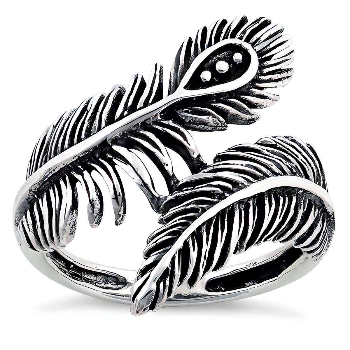 Sterling Silver 22.5mm Oxidized Peacock and Plume Feather Bypass Ring for Women