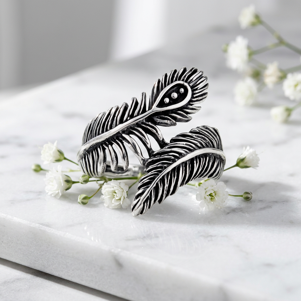 Sterling Silver 22.5mm Oxidized Peacock and Plume Feather Bypass Ring for Women life1